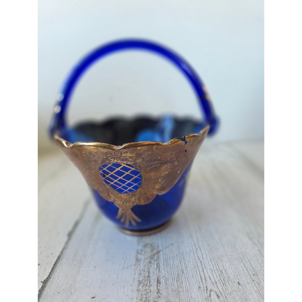 Vintage blue gold basket AS‎ IS bohemian cobalt decor glass